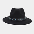 Detail of black wool felt fedora featuring turquoise beads and silver metal studs - M (56-58cm) / Blue Turquoise and Metal Rivet Style