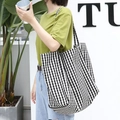 Classic black and white checkered canvas tote bag with large capacity and double straps - Small Plaid / Black