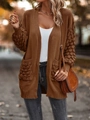 Dark brown long cardigan with puff sleeves and textured pocket knit details - S / Caramel