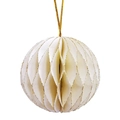 Adorno de árbol de Navidad de papel nido de abeja crema con purpurina dorada - Esfera