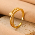 Adjustable gold bow ring featuring a white enamel star and shimmering zircon stones - Gold Pink Meteor Open Ring (DZ-355)