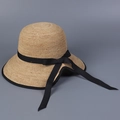 Foldable handmade raffia sun hat with elegant black ribbon bow and split brim design - M (56-58cm) / Raffia Color with Black Ribbon