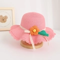 Close-up of pink straw hat with yellow flower, cactus charm and lace ribbon detail - Kids One Size / Watermelon red / Hat Only