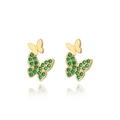 Detail of gold butterfly studs featuring vibrant green zircon stones on white background - Green Marquise Zircon Butterfly (Style 4)