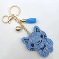 Blue rhinestone cat keychain with golden tassel and bell charm accessory - Blue