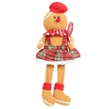 Gingerbread woman plush toy in plaid skirt with chef hat and candy cane decoration - Female Long Legged Sitting Gingerbread Man