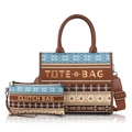 Ethno-Canvas-Tote-Bag und Clutch-Set mit braunen Lederriemen auf weißem Hintergrund - 10" / Kaffeebraun