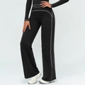 Schwarze Schlaghose für Yoga mit hoher Taille und weißen Kontrastnähten aus Stretch - S / Premium Schwarz