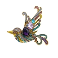 Vintage Vogel Brosche Gold mit bunten Strasssteinen und lila Tropfensteinen auf weißem Grund - Vollbesetzter Strass-Vogel