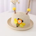 Kids beige straw sun hat featuring cute cartoon bee patch and yellow plush pom-poms - Hat Only / Beige