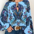 Blaue Boho-Bluse mit Papageien-Blumenmuster, Laternenärmeln und Quasten-Bindeband - S / Blau