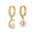 Asymmetric gold star and moon drop earrings with sparkling white cubic zirconia stones - Asymmetric Star Moon - Gold