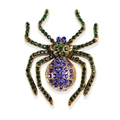 Macro detail of vintage gold spider brooch with vibrant blue and green crystal stones - Gold Base Blue Green Gem Spider Style (xz4210F)