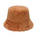 Detailed view of the thick plush texture on this warm caramel brown winter bucket hat - 56cm-58cm / Brown