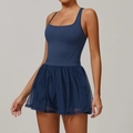 Vestido deportivo azul marino estilo dos piezas con falda de malla transpirable y cuello cuadrado - XL / Azul Crepúsculo