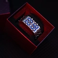 Close-up of polished silver metal link strap for men watch in red gift box - Bright Silver Blue LED