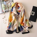 Elegant champagne silk scarf with parrot print and black borders for women - 90*180cm / Beige