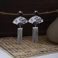 Bamboo fan earrings with black beads and long silver tassels on a natural wood branch - E6003-1 (Fan-shaped Bamboo Long Tassel)