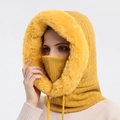 Winter outdoor yellow knitted hood with faux fur trim and adjustable drawstring - Turmeric