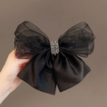 Large double-layer black mesh and satin bow hair clip with sparkling rhinestone center - Mesh Bow White / Black
