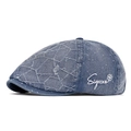 Blue denim newsboy cap with white Siyecao embroidery and geometric stitching - Octagonal Dark Blue