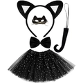 Détails du costume chat noir 5 pièces avec masque, oreilles, queue, noeud et jupe tutu étoilée - Serre-tête Oreilles de Chat Et Masque de Chat Scintillant Et Nœud Papillon Et Queue Et Jupe