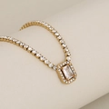 Luxury gold-plated stainless steel tennis necklace with emerald cut crystal pendant - Square Pendant / Gold