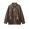 Dunkelbraune Vintage PU-Leder Pilotjacke mit Reverskragen und Gummizugsaum für Damen - S / Dunkelbraun