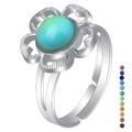 Silver flower ring with oval mood stone and color-changing temperature chart - 1061 Hollow Flower
