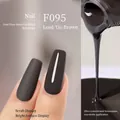 F095 lead-tin brown nail gel polish showing matte and glossy finishes on nails - F095 Tin Brown