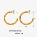 Golden C-shaped stainless steel twisted earrings with 3cm diameter and 6.5g weight - Gold Twist Earring Style 3