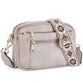 Grey PU leather crossbody bag featuring multiple zippers and floral printed wide strap - Double Zipper Grey