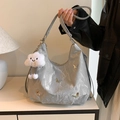 Light grey pleated shoulder bag with golden butterflies and white plush cloud charm - Silver (With Cloud Pendant)