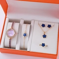 Damen-Schmuckset in Roségold, 5-teilig mit Uhr und tiefblauen Blumen-Elementen - Roségold Blaue Blume Set (Ohne Box)