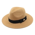 Détail d'un chapeau Fedora en paille avec ruban noir et boucle d'abeille dorée - M(56-58cm) / Kaki
