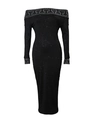 Off-shoulder black sequin dress with long sleeves and silver geometric pattern trim - S / Black