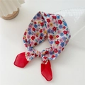 Lightweight floral print cotton linen square scarf with red border and white base - Red Floral-Myrtle Red