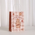 Brown checkered Capybara paper gift bag with cute cartoon animal print and white handle - Brown Plaid