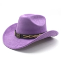 Detailed close-up of purple suede cowboy hat with embossed bull head badge and woven band - M (56-59cm) / Taro Purple Suede