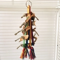 Close-up of bird toy featuring colorful wood pieces and natural bark on hemp rope - Bark Colorful Wood Piece Style / Bulk Packaging