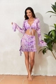 Detail van paarse bloemen tie-dye bikiniset met uitlopende mouwen en rok met ruches - S / Violet