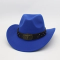 Detail of blue wool felt cowboy hat with bronze bull skull emblem and studded leather band - One Size / Royal Blue (Rivet Bull Head)