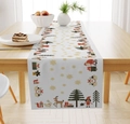 Close-up of Christmas linen table runner featuring Santa and reindeer on wooden table - Santa Claus/Reindeer/Beige Background / 33*183cm