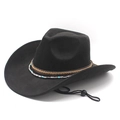Black faux suede western cowboy hat with ethnic beaded band and adjustable wind rope - M (56-58cm) / Black