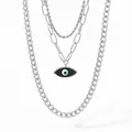 Three-layer stainless steel evil eye pendant necklace with rope and cuban chains - Steel