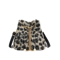 Leopard print plush bucket bag with leather strap and pearl drawstring chain detail - Black
