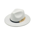Cappello fedora bianco stile inglese in lana con foglia d'oro e nastro nero - M (56-58cm) / Bianco