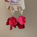 Macro shot of red acrylic flower petal tassel earrings with gold-toned metal accents - 88# Silver Earring Post - Red