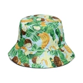 Close-up of tropical fruit print detail on light blue cotton canvas bucket hat - Light Blue Banana Coconut Tropical Print (F)