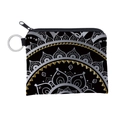 Detail of black fabric coin purse with gold mandala print and metal keychain clip - Silver Gold Mandala